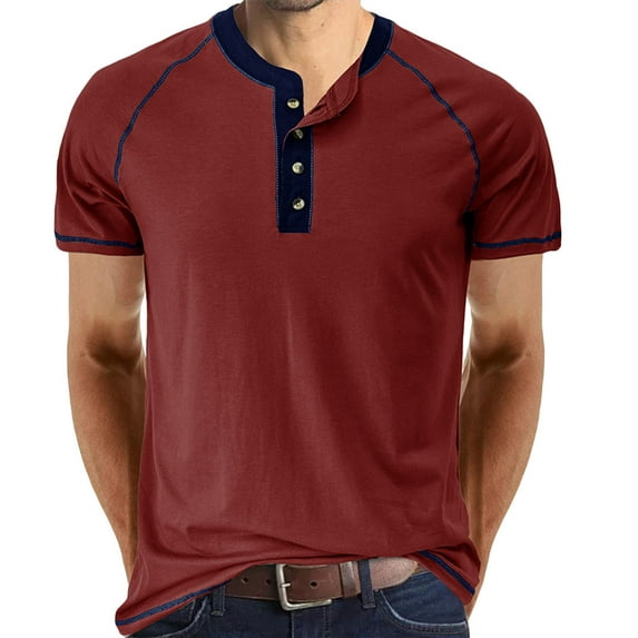 RYRJJ Henley Shirts for Mens Button V Neck Short Sleeve T Shirts Solid Color Lightweight Summer Casual Front Placket Tee Shirt Tops(Wine,L)