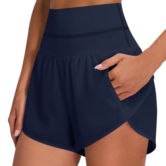 RYRJJ High Waisted Athletic Running Shorts for Women High Split Comfy Shorts with Liner for Gym Workout Track(Navy,XL)