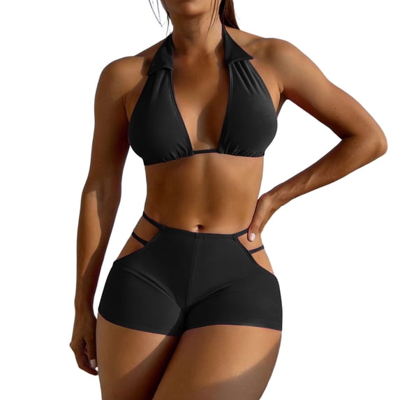 RYRJJ High Waisted Bikini Sets for Women Two Piece Tummy Control Swimsuit Halter Deep V Neck Top with Hollow Out Boyshort Modest Bathing Suit(Black,L)