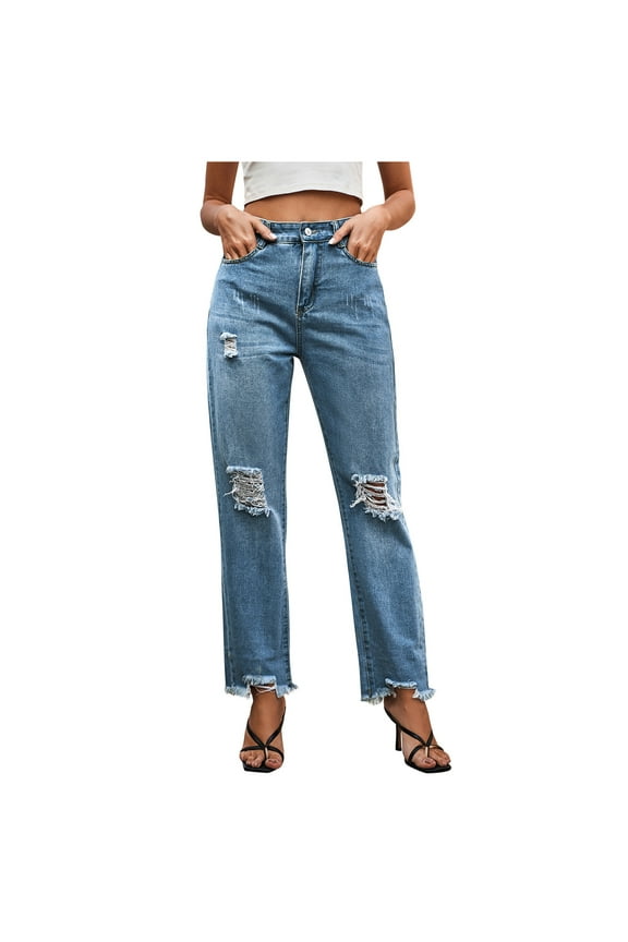 High Waisted Boyfriend Jeans for Women Ripped Distressed Jeans Slim Straight Leg Denim Pants(Dark Blue,S)