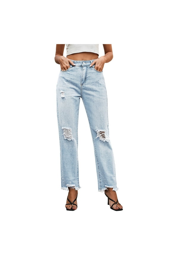 High Waisted Boyfriend Jeans for Women Ripped Distressed Jeans Slim Straight Leg Denim Pants(Light Blue,XXL)