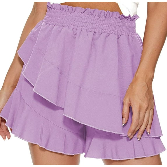 RYRJJ High Waisted Shorts for Women Flowy Shorts Dressy Casual Summer Ruffle Wrap Pull On Elastic Waist Skirts Skorts Lightweight(Purple,L)