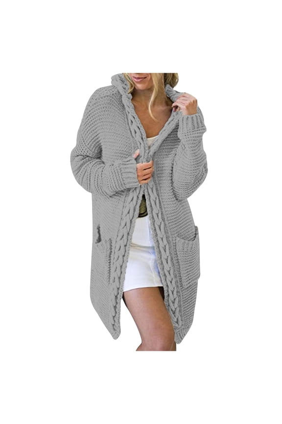 Hooded Open Front Cardigan for Women Cable Knit Sweaters Chunky Pocketed Oversized Knee Length Long Sweater Coats