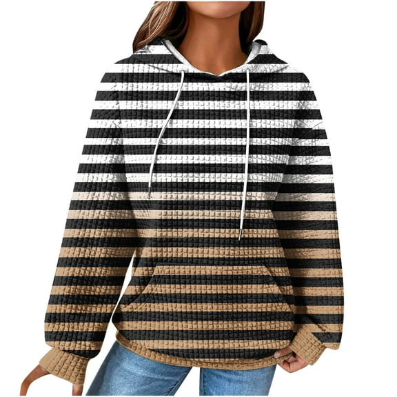RYRJJ Hoodies for Women Casual Waffle Drawstring Hooded Sweatshirt with Pockets Comfort Long Sleeve Pullover Hoodies(Brown,XXL)