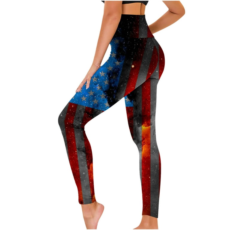RYRJJ Independence Day Yoga Leggings for Women USA Flag Printed High Waist  Stretchy Tights Trouser Jogging Workout Yoga Pants(Black,XXL)