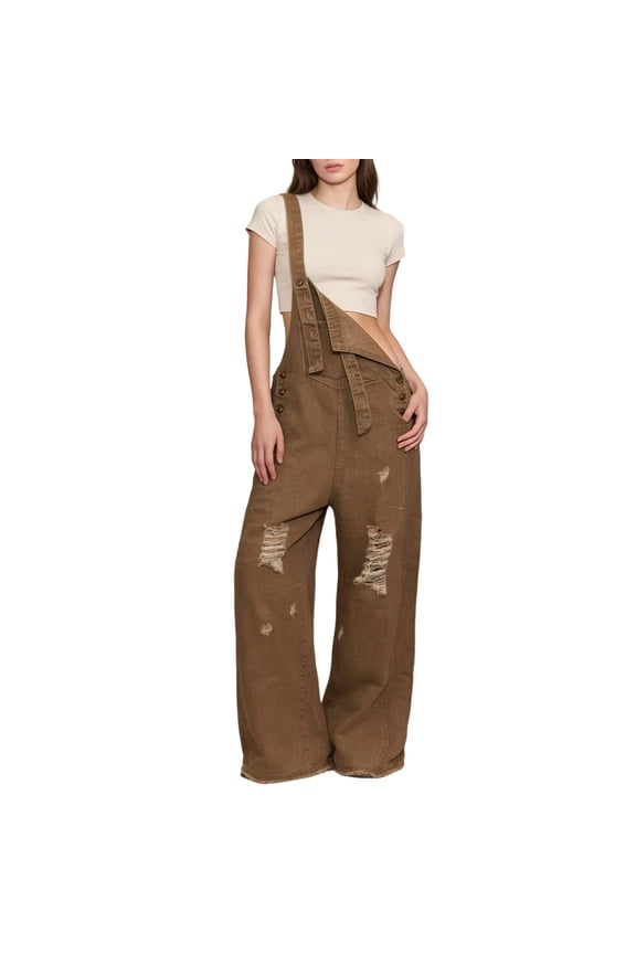 Jean Overalls for Women Loose Fit Ripped Distressed Denim Jumpsuit Baggy Bib Jeans Adjustable Straps Casual Wide Leg Pockets Overall