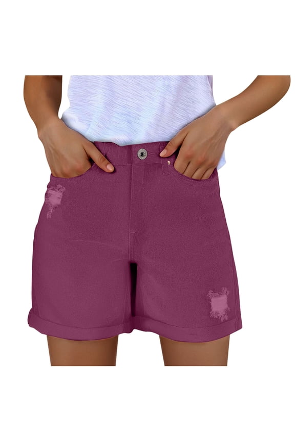 Jean Shorts Womens Stretchy High Waisted Ripped Denim Jorts with Pockets Summer Trendy Distressed Rolled Hem Shorts(Purple,S)