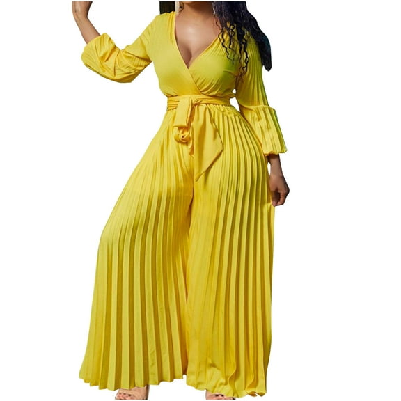 RYRJJ Jumpsuits for Women Dressy Elegant V Neck Long Sleeve Wide Leg Pleated Pants Plus Size Formal Wedding Guest Cocktail Party Romper(Yellow,XL)