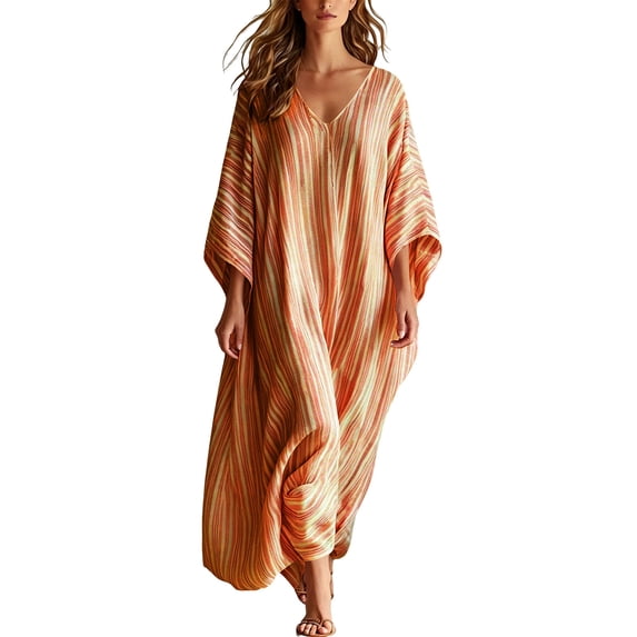 RYRJJ Kaftan Dresses for Women Batwing Sleeves V-Neck Beach Cover Up Summer Gradient Stripe Boho Vacation Maxi Caftan Dress