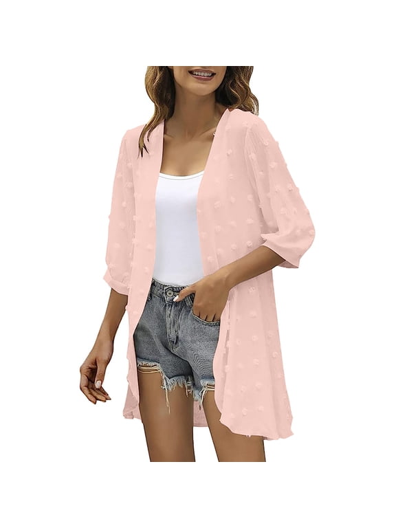 Kimono Cardigan for Women 3/4 Sleeve Lightweight Summer Chiffon Open Front Draped Duster Cardigan Loose Beach Cover Up Tops