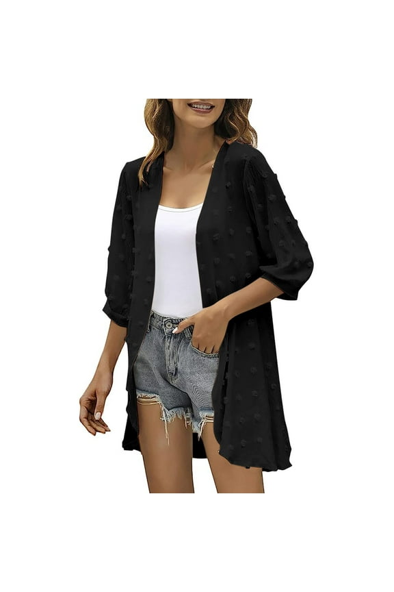 Kimono Cardigan for Women 3/4 Sleeve Lightweight Summer Chiffon Open Front Draped Duster Cardigan Loose Beach Cover Up Tops