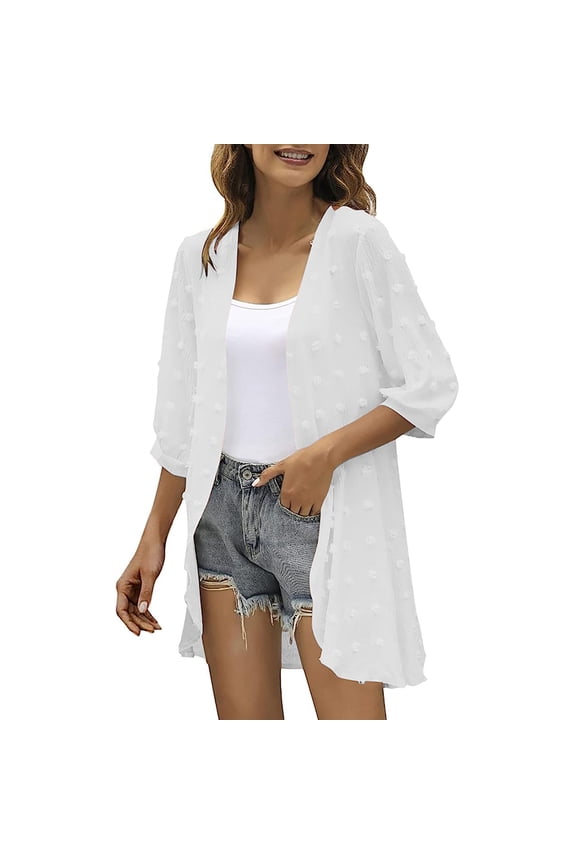 Kimono Cardigan for Women 3/4 Sleeve Lightweight Summer Chiffon Open Front Draped Duster Cardigan Loose Beach Cover Up Tops