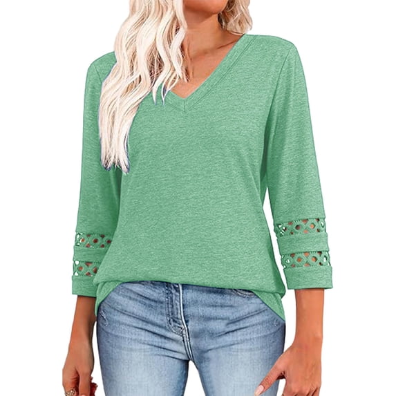 RYRJJ Lace 3/4 Length Sleeve Tops for Women Dressy Casual Business Work Blouses Summer Trendy Crewneck/V Neck Solid Color T Shirts(z1-Green,XL)