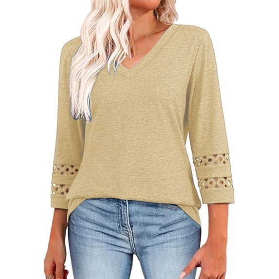 RYRJJ Lace 3/4 Length Sleeve Tops for Women Dressy Casual Business Work Blouses Summer Trendy Crewneck/V Neck Solid Color T Shirts(z1-Khaki,XXL)