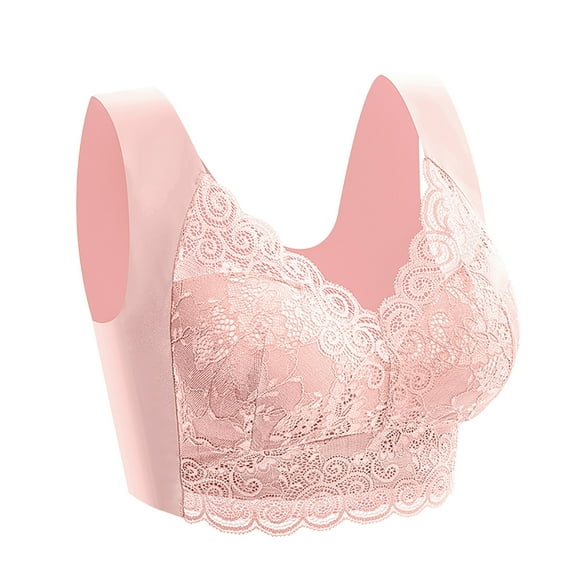 RYRJJ Lace Sport Bras for Women Posture Smooth Back Wirfree Bra Seamless Brassiere with Front Lace Cover Pads Workout Yoga Bra(Pink,XXL)