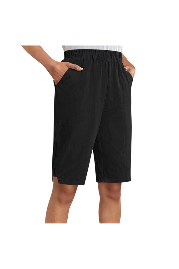 Linen Bermuda Shorts for Women Knee Length Summer Casual Elastic Waisted Side Split Shorts with Pockets(Black,M)