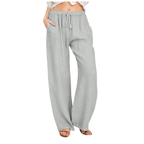 RYRJJ Linen Pants Women Plus Size Summer Casual Drawstring High Waist Straight Wide Leg Trousers Lightweight Loose Fit Long Pant with Pockets(Gray,M)