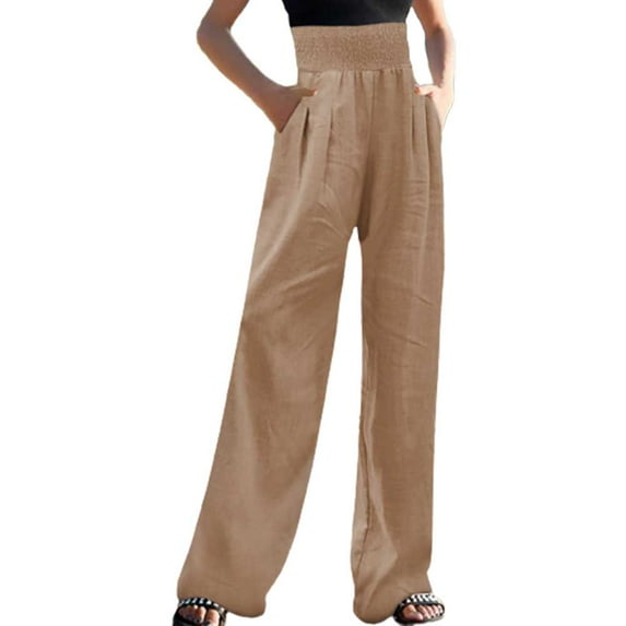 RYRJJ Linen Pants for Women Smocked High Waisted Wide Leg Loose Fit Palazzo Pants Casual Beach Trendy Trouses with Pockets(Khaki,S)