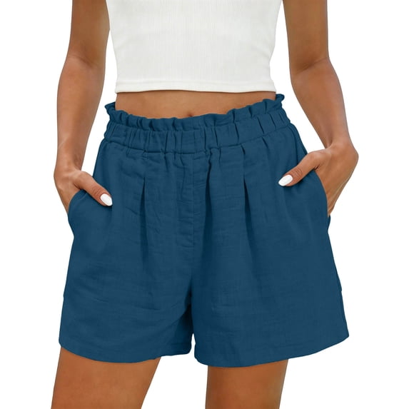 RYRJJ Linen Shorts for Women Summer Casual Wide Leg Loose Elastic High Waist Dressy Shorts Beach Vacation Short with Pockets(Blue,XXL)