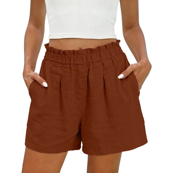 RYRJJ Linen Shorts for Women Summer Casual Wide Leg Loose Elastic High Waist Dressy Shorts Beach Vacation Short with Pockets(Brown,3XL)