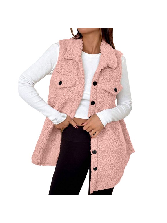 Long Fleece Vest Women Sleeveless Laple Fuzzy Sherpa Jacket Casual Fall Winter Warm Button Up Coat Outerwear(Pink,S)