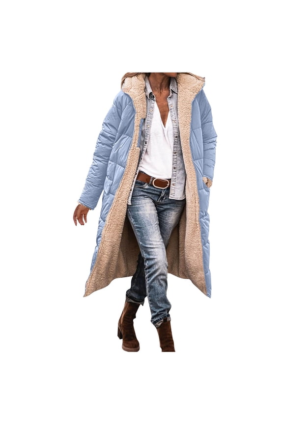 Long Puffer Jacket Womens Winter Reversible Padded Down Jackets Thicken Warm Shearling Sherpa Fleece Parka Coats with Hood(Light Blue,M)