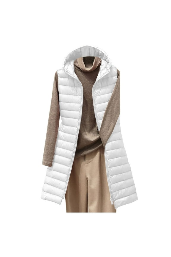 Long Puffer Vest Women Winter Ultra Light Weight Packable Down Jackets with Hooded Full Zip Sleeveless Quilted Gilets Outerwear(White,XXL)