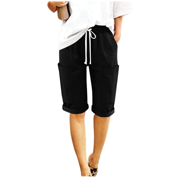 RYRJJ Long Shorts for Women Knee Length Cotton Linen Bermuda Shorts Baggy Casual High Waist Drawstring Wide Leg Beach Vacation Short Pants(Black,XXL)