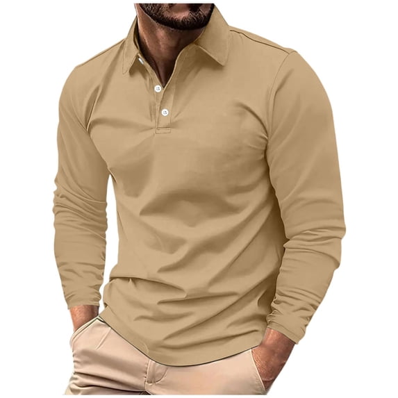 RYRJJ Long Sleeve Polo Shirts for Men Casual Slim Fit T Shirt Classic Button Collared Golf Shirts(Khaki,3XL)