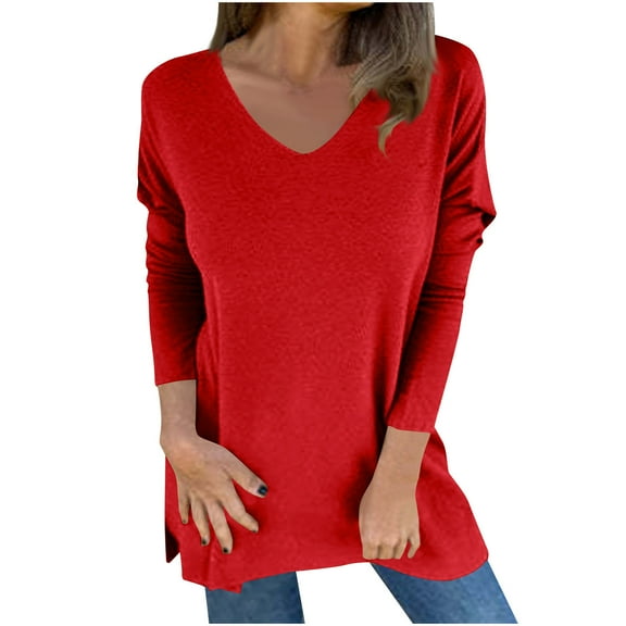 RYRJJ Long Sleeve Shirts for Women 2024 Trendy Fall Tops V-Neck Sweatshirts Irregular Hem Casual Loose Tunic Tops(Red,3XL)