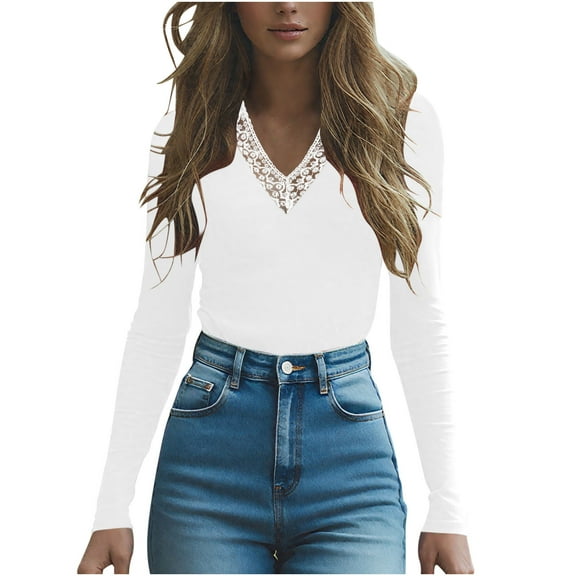 RYRJJ Long Sleeve Shirts for Women Lace V Neck Loose Fitted T-Shirt Dressy Business Casual Blouses Trendy Fall Tunic Tops(White,XL)