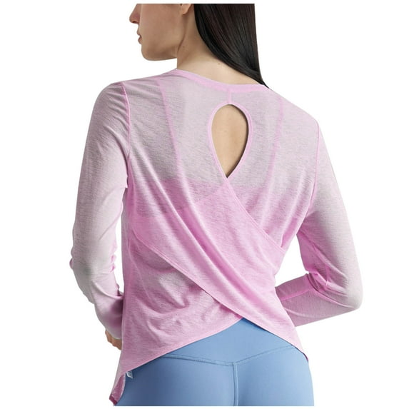 RYRJJ Long Sleeve Workout Shirts for Women Lightweight Athletic Athletic Yoga Tops Criss Cross Open Back Running T-Shirt(Pink,L)