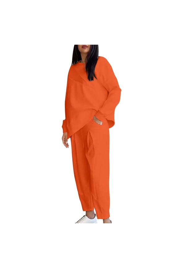 Lounge Sets for Women Two Piece Outfits Y2K Sweatsuits Sets Asymmetrical Hem Top Long Pants Loungewear Workout Athletic Tracksuits(Orange,XXL)