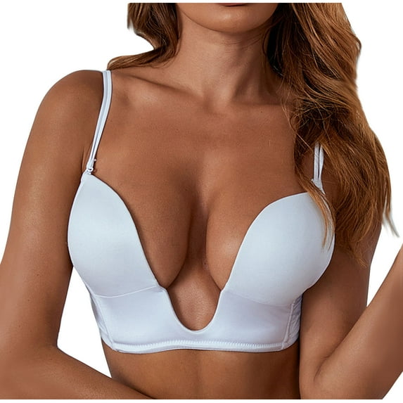 RYRJJ Low Back Bras for Women-Seamless Deep U Shaped Plunge Backless Bras Push Up Low Cut Open Back Bra Wireless Everyday Bras(White,3XL)