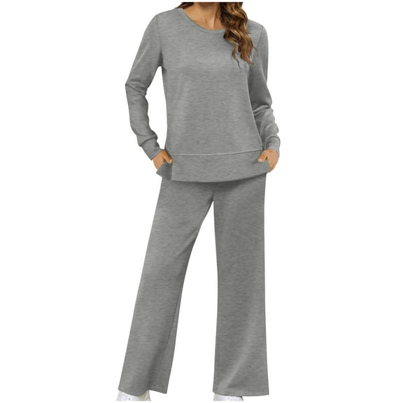RYRJJ Macthing Lounge Sets for Women 2 Piece Outfits Sweatsuits Long Sleeve Crewneck Sweatshirt and Wide Leg Sweatpants Tracksuit(Gray,L)