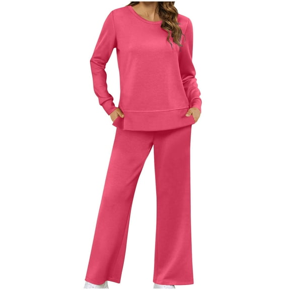 RYRJJ Macthing Lounge Sets for Women 2 Piece Outfits Sweatsuits Long Sleeve Crewneck Sweatshirt and Wide Leg Sweatpants Tracksuit(Hot Pink,L)
