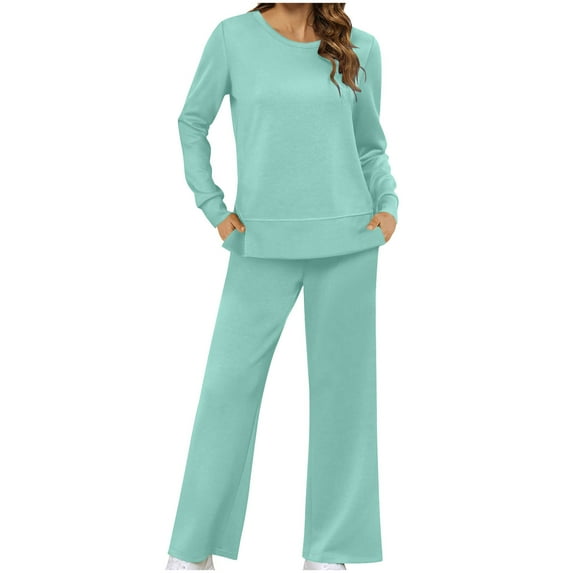 RYRJJ Macthing Lounge Sets for Women 2 Piece Outfits Sweatsuits Long Sleeve Crewneck Sweatshirt and Wide Leg Sweatpants Tracksuit(Light Blue,3XL)