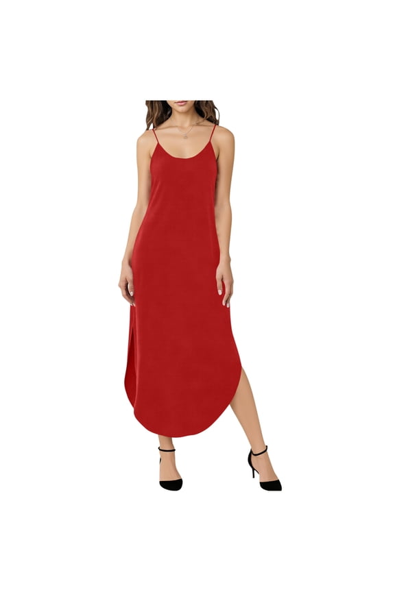 Maxi Dresses for Women Casual Long Summer Boho Sundresses Sleeveless Spaghetti Strap Scoop Neck Beach Vacation Dress(Red,L)