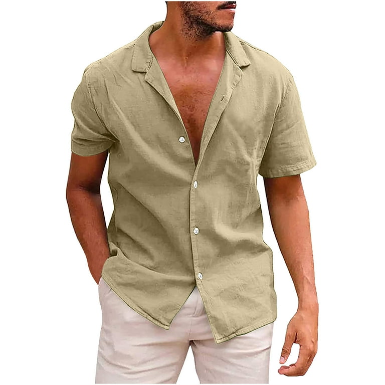 RYRJJ Men Button Down Cotton Linen Dress Shirts Classic Summer Short Sleeve  Casual Turndown Collar Hawaiian Beach Shirts(Khaki,XL)