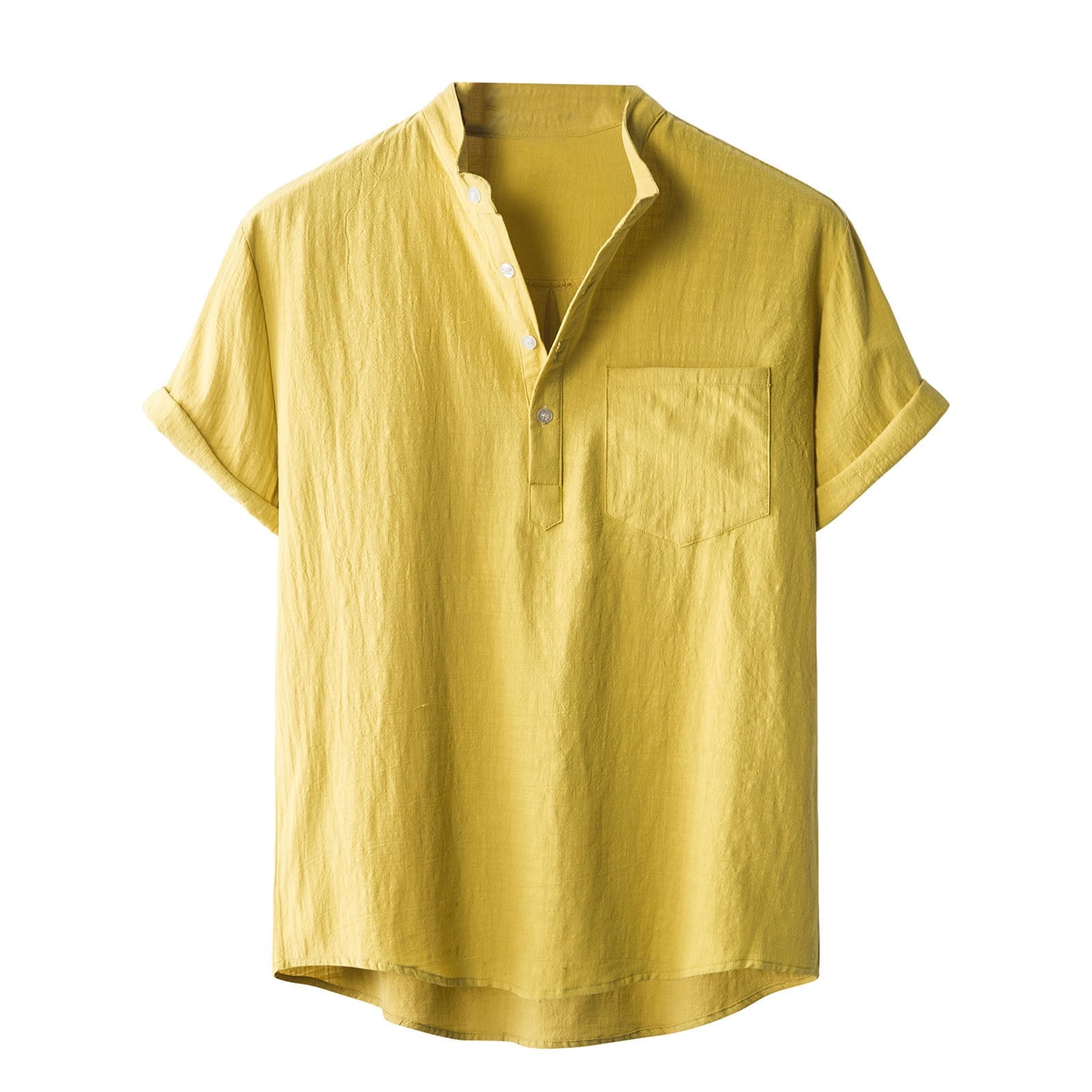 RYRJJ Men Linen Henley Shirts Casual Short Sleeve Solid Color/Plaid Print  Button Up Shirt Summer Hawaiian Vacation Beach Tee Tops(Yellow,XL)