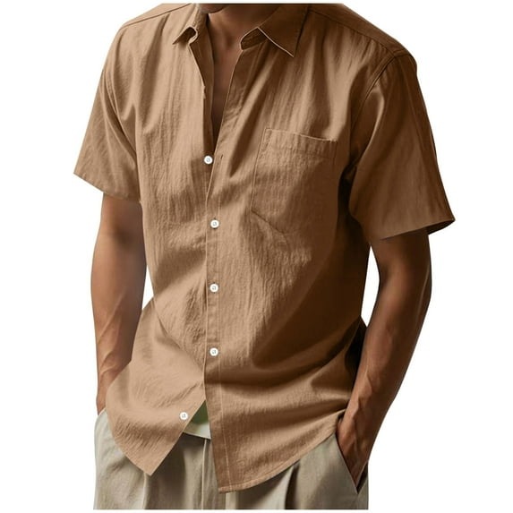 RYRJJ Men Summer Beach Shirts Stylish Cotton Linen Button Down Shirt Casual Vacation Cuban Top with Pocket(Coffee,M)