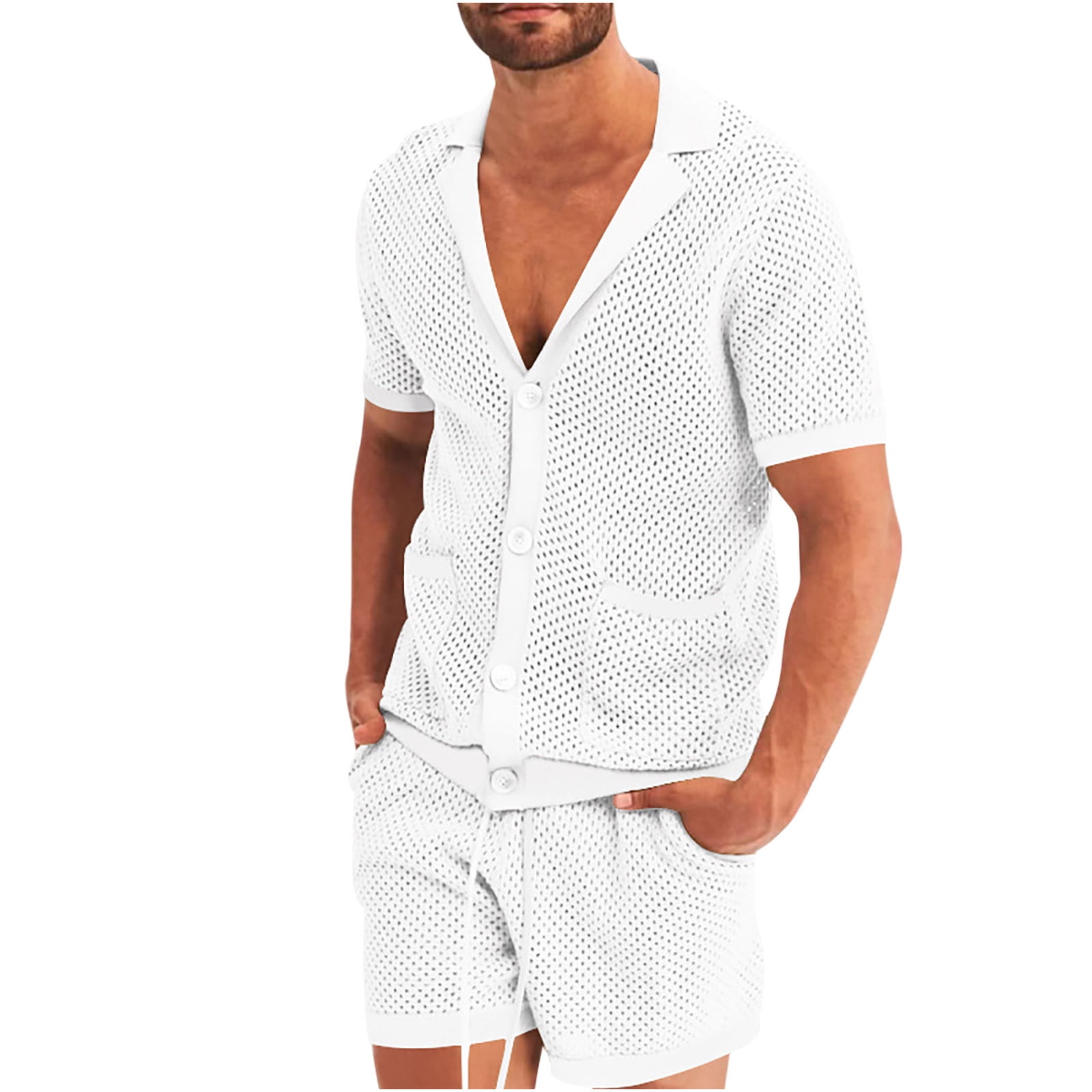 RYRJJ Men Summer Casual Short Sets Sheer Mesh Short Sleeve