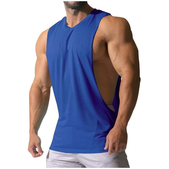 RYRJJ Men Workout Tank Top Gym Bodybuilding Crewneck Sleeveless Muscle T Shirts Loose Summer Casual Cut Off Shirts(Blue,L)