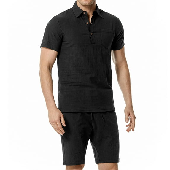 RYRJJ Men's 2 Pieces Cotton Linen Set Casual Short Sleeve Button Up Polo Shirts Beach Yoga Shorts Summer Outfits(Black,L)