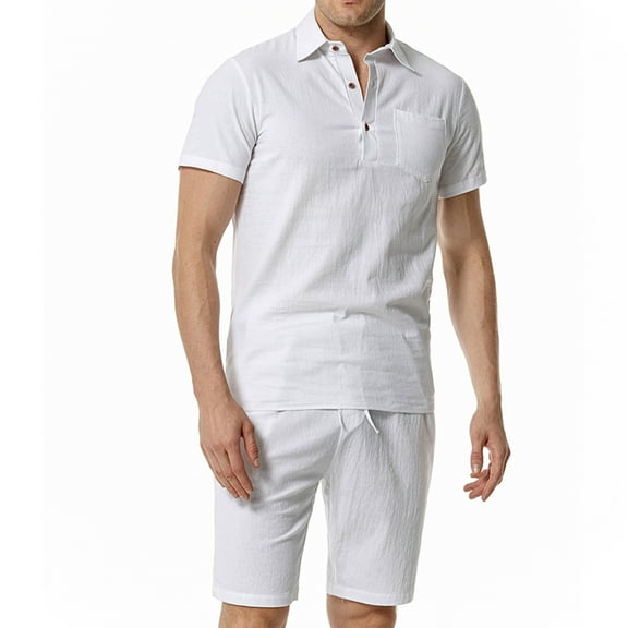 RYRJJ Men's 2 Pieces Cotton Linen Set Casual Short Sleeve Button Up Polo Shirts Beach Yoga Shorts Summer Outfits(White,M)
