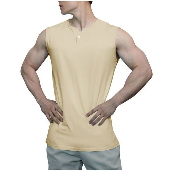 RYRJJ Men's Athletic Tank Tops Sleeveless Henley Buttons Muscle T-Shirt Breathable Solid Workout Gym Tees(Khaki,M)