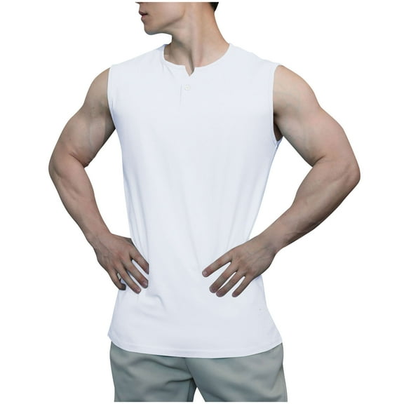 RYRJJ Men's Athletic Tank Tops Sleeveless Henley Buttons Muscle T-Shirt Breathable Solid Workout Gym Tees(White,3XL)