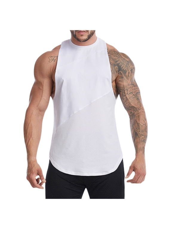 Men's Bodybuilding Stringer Tank Tops Gym Fitness Workout Training Running T-Shirts Sleeveless Cut Off Shirts(White,XL)