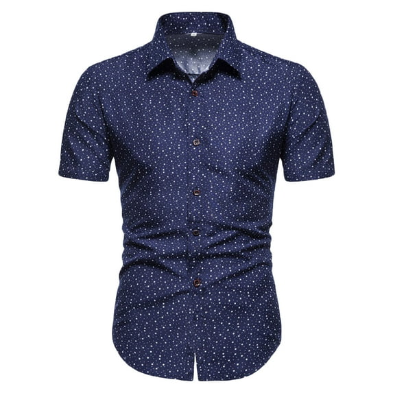 RYRJJ Men's Business Dress Shirt Short Sleeve Slim Fit Shirt Casual Polka Dot Printed Button Down Shirts(Navy,M)