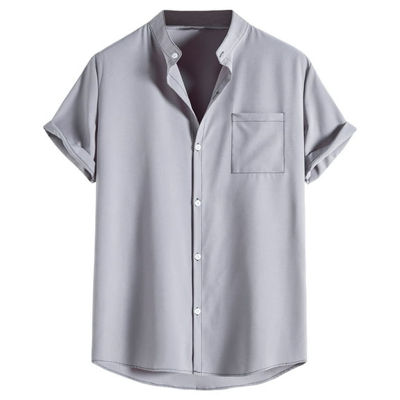 RYRJJ Men's Button Down Shirt Regular Fit Short Sleeve Stand Neck Business Work Shirt Summer Beach T Shirts(Gray,L)